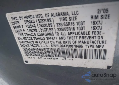 2005 Honda Odyssey Ex z USA, uszkodzony, nr VIN 5FNRL38475B070496